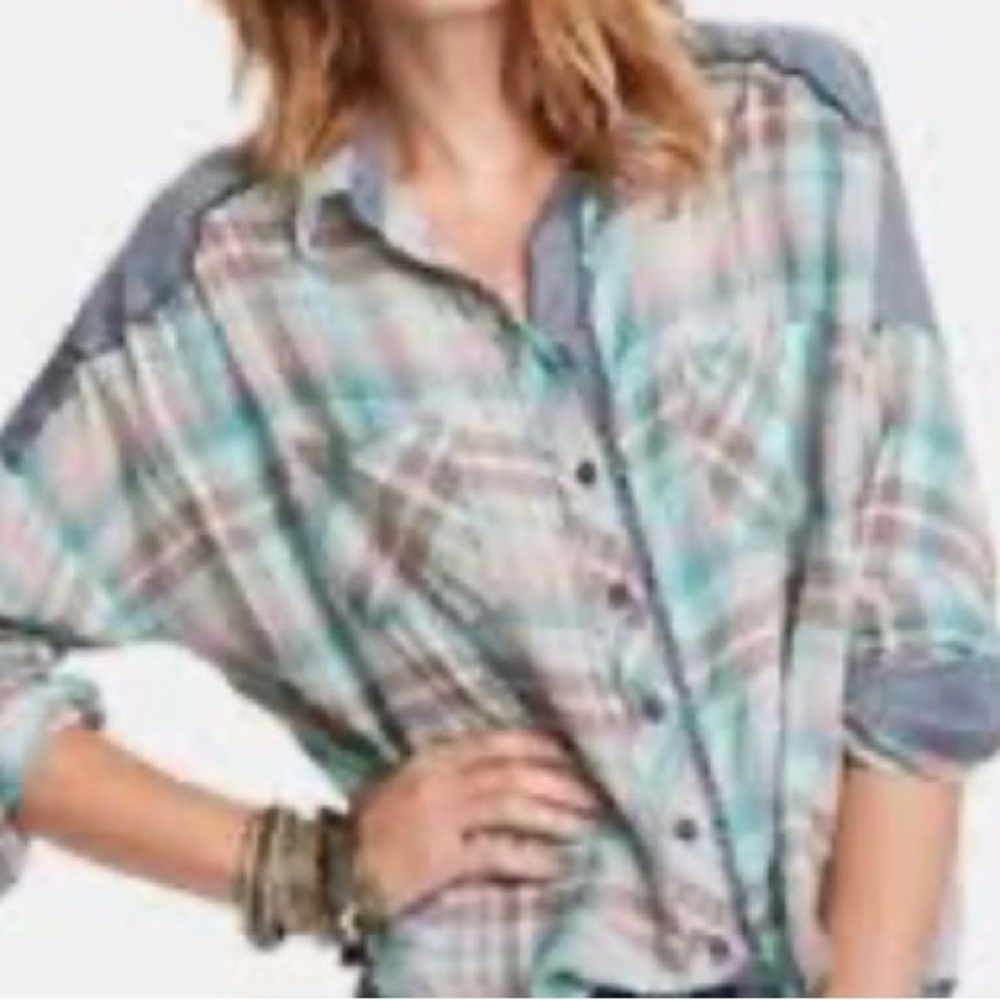 We the free people plaid button down shirt western style size large blue